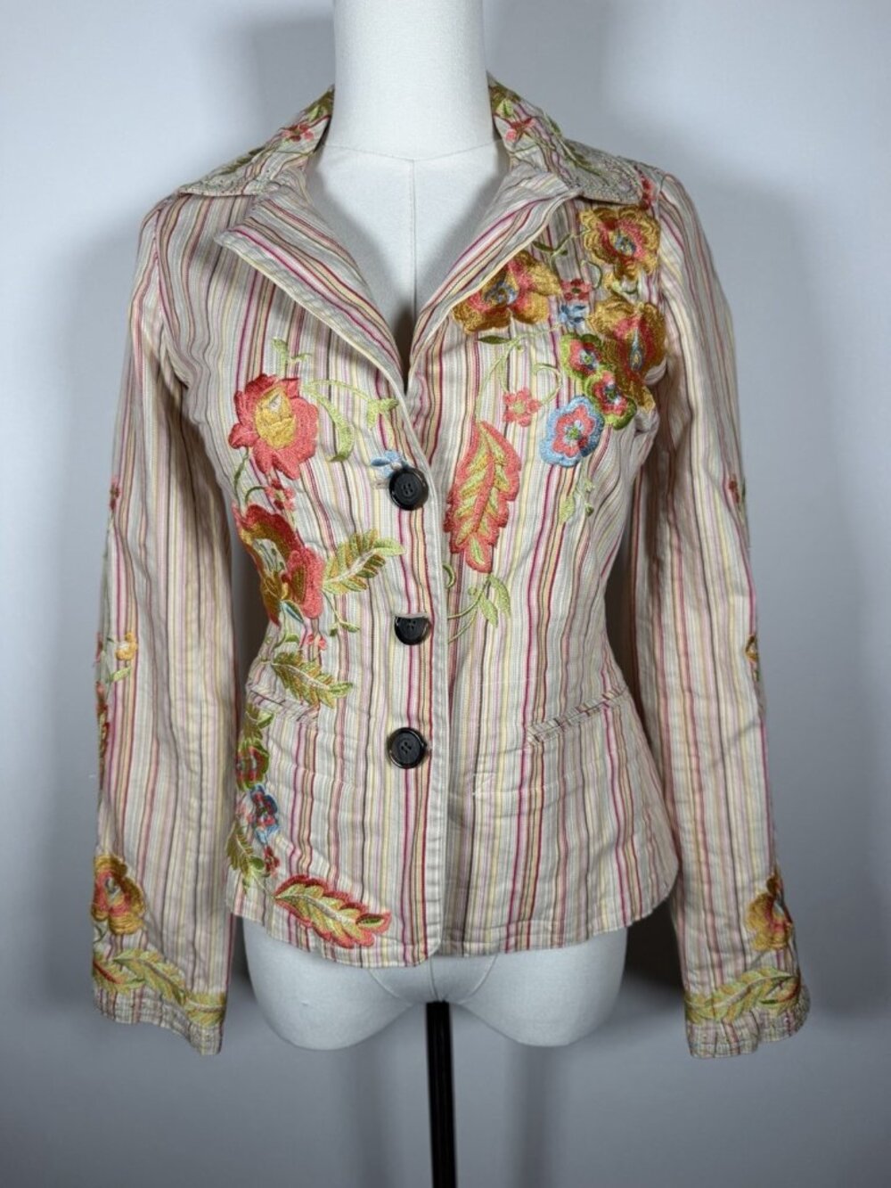 JOHNNY WAS pink striped embroidered floral Y2K blazer cottagecore XS boho